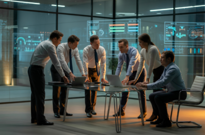 Business professionals discussing ServiceNow implementation strategy in modern office setting