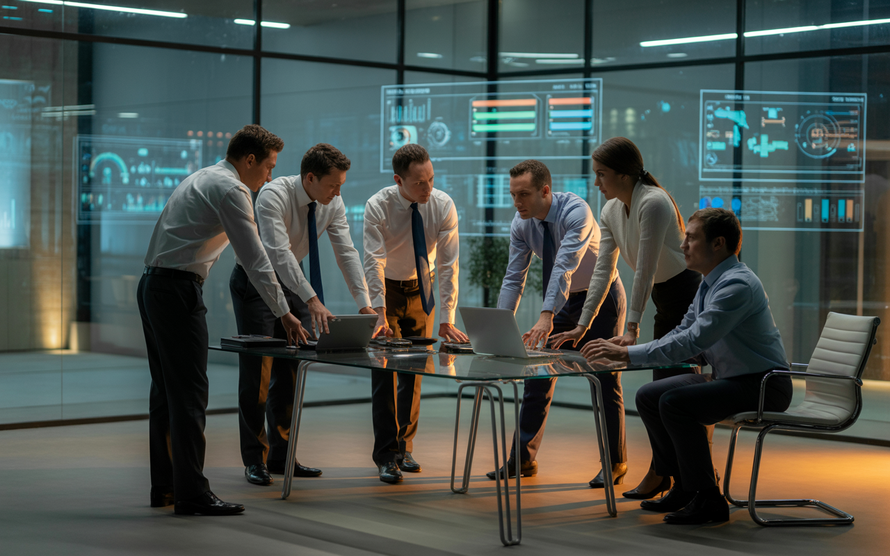 Business professionals discussing ServiceNow implementation strategy in modern office setting